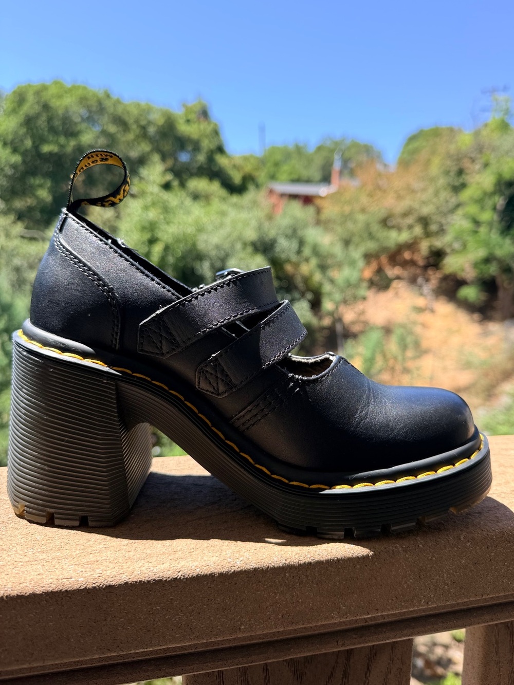 Dr. Martens Eviee - Black Double-Buckle Mary Jane Heels with Yellow Stitching - Picture 2 of 5